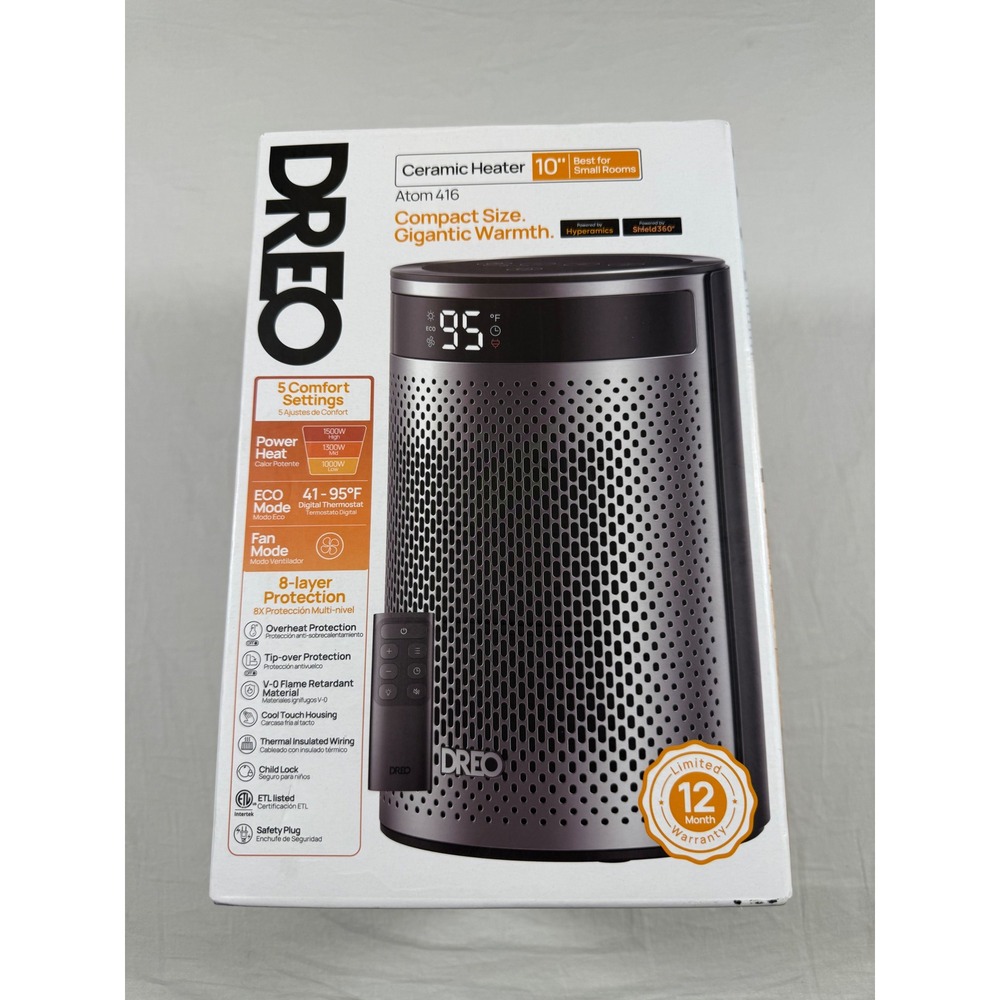 Dreo Ceramic Heater 10" Black NEW Atom 416 Portable Remote Control